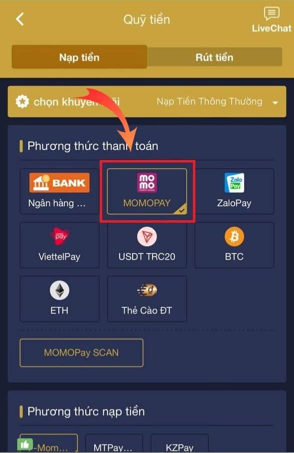 Chọn phương thức nạp tiền MOMOPAY