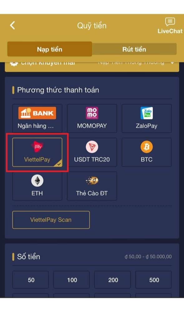 Chọn phương thức nạp tiền ViettelPay