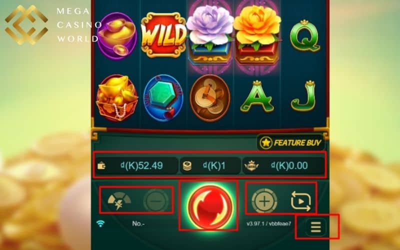 Các phím chức năng trong giao diện game nổ hũ Hoa Nở Phú Quý